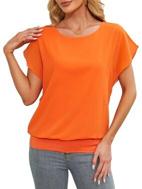 Women Orange Comfortable Flutter Short Sleeves Chiffon Blouse Casual Dressy Top